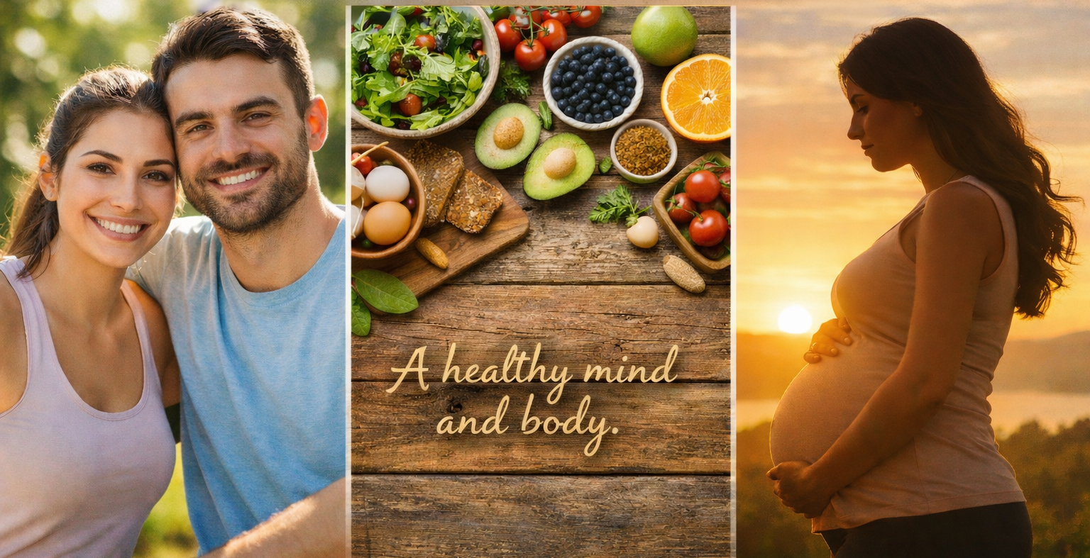 Healthy couple outdoors, fresh nutritious foods on a wooden table, and pregnant woman silhouette at sunset representing fertility and wellness.